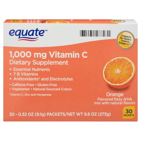 Picture of Equate Vitamin C Supplement Powder, Orange, 1000mg, 30ct