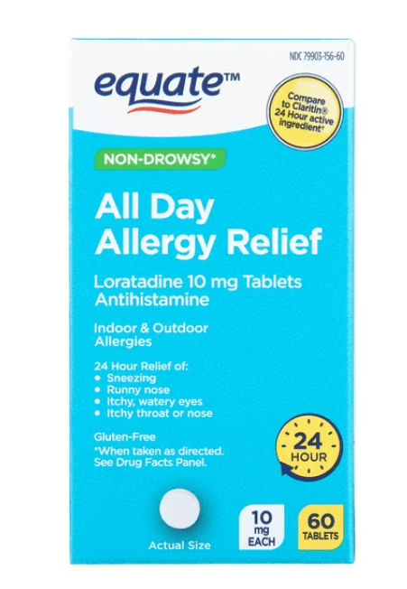 Picture of Equate Non-Drowsy All Day Allergy Relief Loratadine 10 mg Tablets Antihistamine, 60 Count, Compare to ClaritinAA 24 Hour Active Ingredient