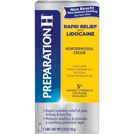 Picture of PREPARATION H Rapid Relief with Lidocaine Hemorrhoid Symptom Treatment Cream, Numbing Relief for Pain, Burning and Itching, Reduces Swelling, Tube (0.75 Ounce)