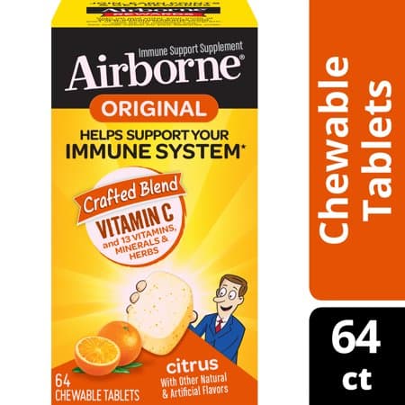 Picture of Airborne Citrus Chewable Tablets, 64 count - 1000mg of Vitamin C - Immune Support Supplement (Packaging May Vary)