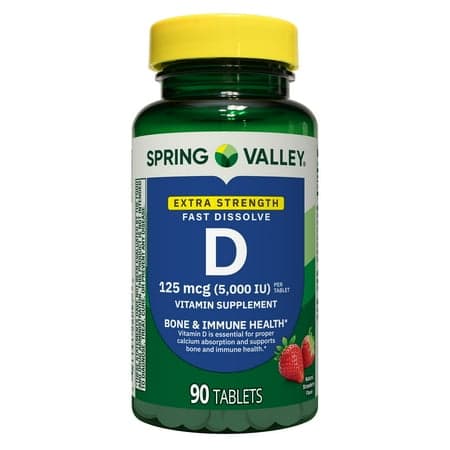 Picture of Spring Valley Extra Strength Vitamin D3 Dietary Supplement Fast Dissolve Tablets for Bonne and Immune Health, 125 mcg (5,000 IU), Strawberry Flavor, 90 Count