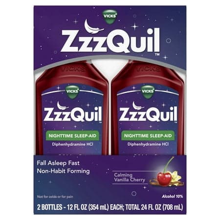 Picture of Vicks ZzzQuil Nighttime Sleep Aid Liquid, Diphenhydramine HCI 50mg, Vanilla Cherry, 24 Fl oz