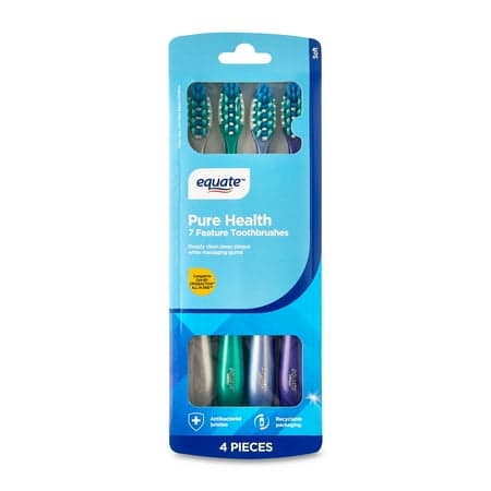 Picture of Equate Pure Health Toothbrush with Tongue & Cheek Cleaner, Soft Bristles (4 Count), Compare to Oral-B Crossaction All In One