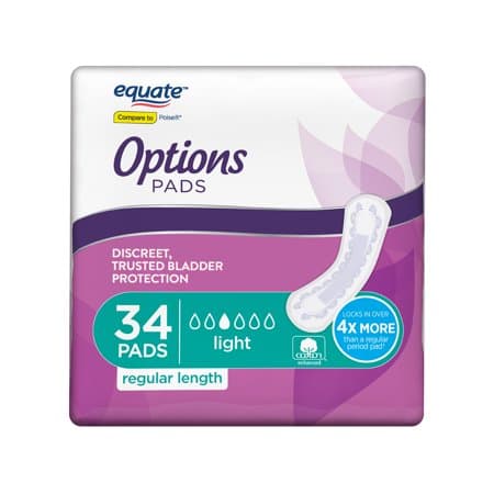 Picture of Equate Women's Options Incontinence Pads, Light Absorbency, Regular, 34ct