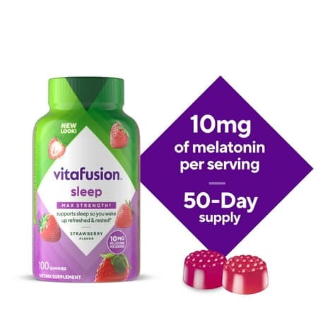 Picture of vitafusion Maximum Strength Melatonin Sleep Supplement Gummies, Strawberry, 10mg, 100ct