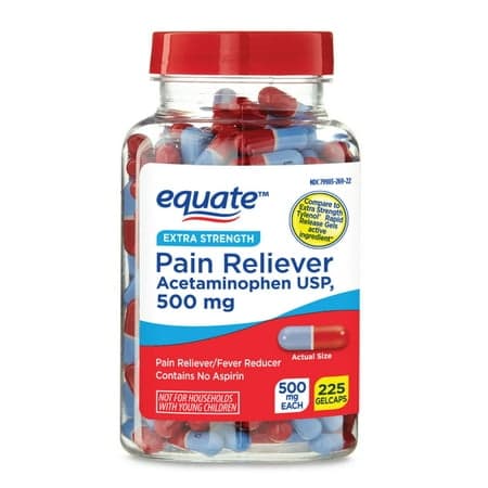 Picture of Equate Extra Strength Pain Reliever Acetaminophen Gel Caps, 500mg, Pain Reliever/Fever Reducer, Easy Open Cap, 225 Count