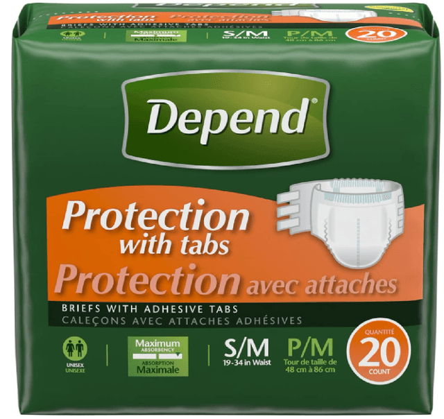 Picture of Depend Incontinence Protection with Tabs, Unisex, S/M, Maximum Absorbency, 20ct