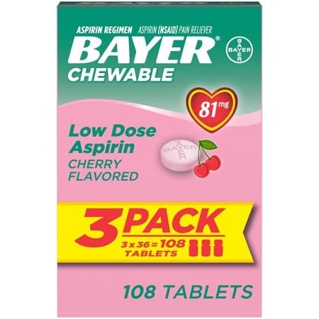 Picture of Bayer Chewable Aspirin Regimen Low Dose Pain Reliever Tablets, 81 mg, Cherry, 108 ct