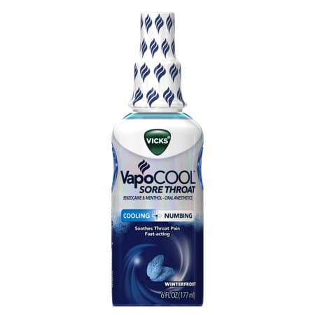 Picture of Vicks VapoCool Sore Throat Spray, Benzocaine & Menthol, Over-the-Counter Medicine, Winterfrost, 6 fl oz