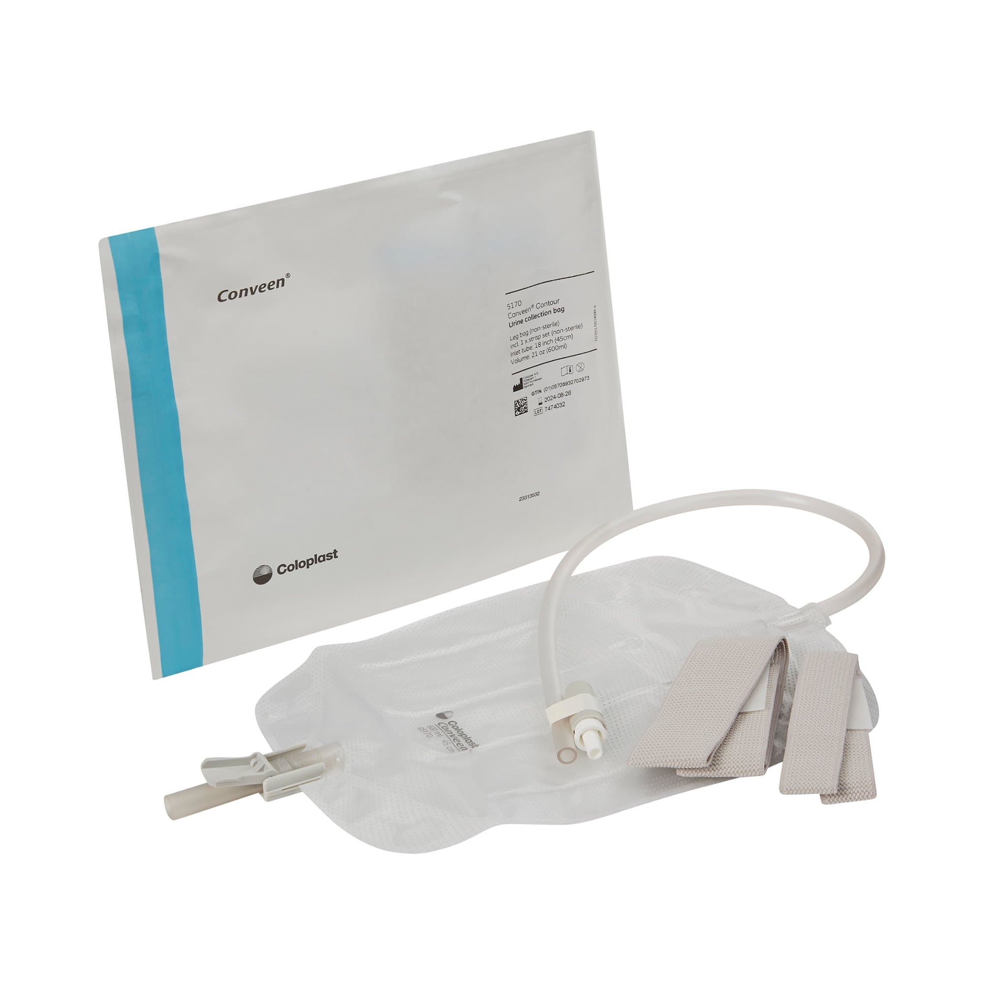 Picture of Conveen Contour Urinary Leg Bag: Anti-Reflux Valve, Polyethylene/Flocked, 600mL