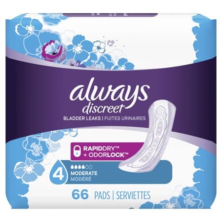 Picture of Always Discreet Women's Incontinence Pads, Moderate Absorbency, Regular, 66ct