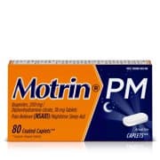 Picture of Motrin PM Caplets, Ibuprofen, Relief from Minor Aches and Pains, Nighttime, 80 Count