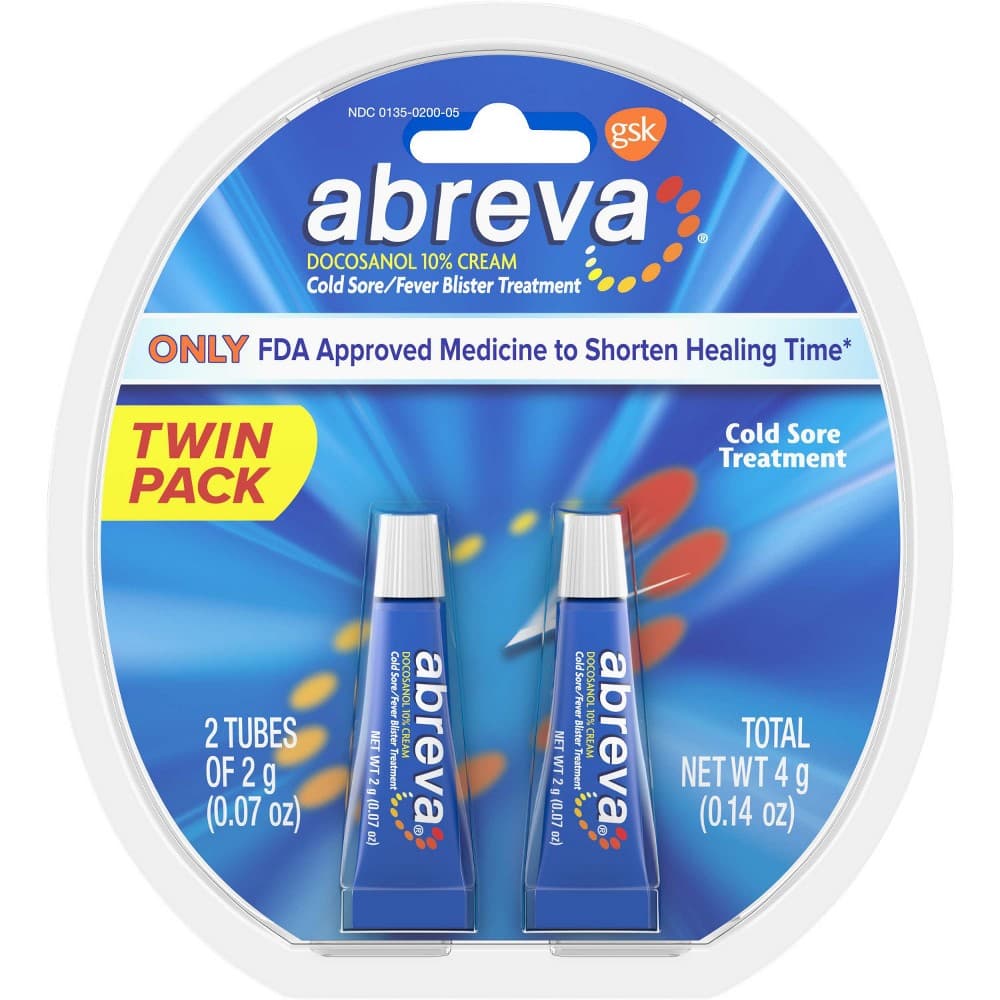 Picture of Abreva Docosanol 10% Cream Tube, FDA Approved Treatment for Cold Sore/Fever Blister, 4 grams Twin Pack