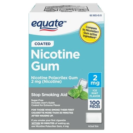 Picture of Equate Coated Nicotine Gum 2 mg, Ice Mint Flavor, Stop Smoking Aid, 100 Count