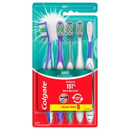 Picture of Colgate 360A 5pk Manual Toothbrush with Tongue and Cheek Cleaner, Soft Bristles