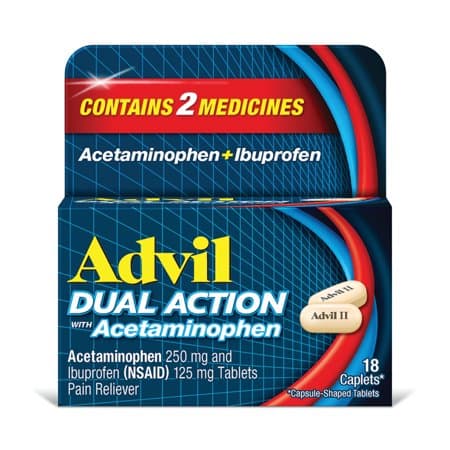 Picture of Advil Dual Action Ibuprofen and Acetaminophen Pain Relief Coated Caplets, 18 Count