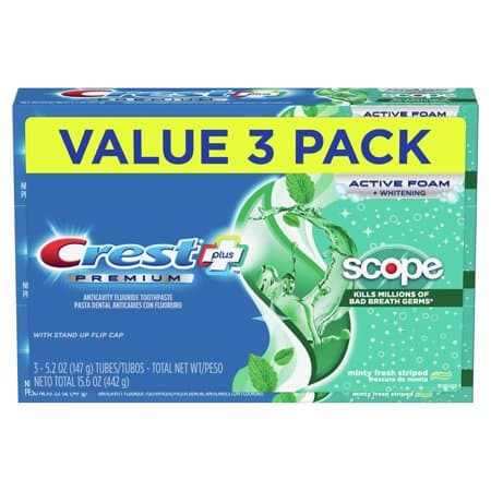Picture of Crest Premium Plus Scope Toothpaste, Minty Fresh Flavor 5.2 oz, 3 Pk